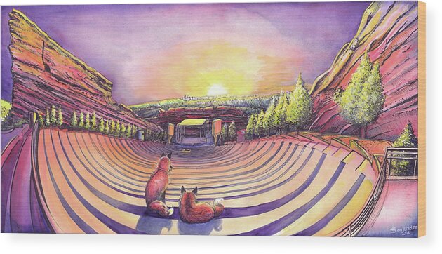 Red Rocks Wood Print featuring the painting Foxes at Red Rocks Sunrise by David Sockrider