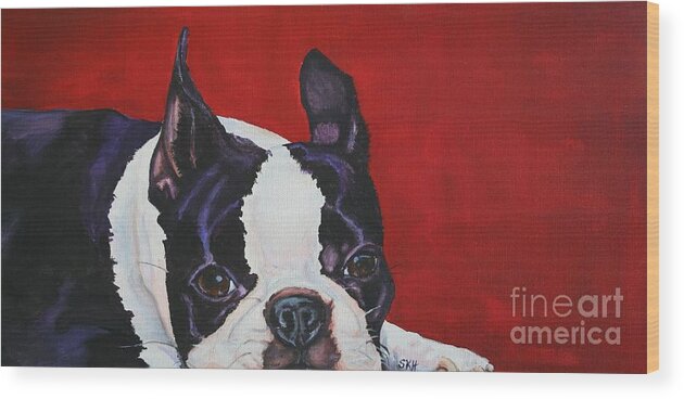 Boston Terrier Wood Print featuring the painting Red White and Black by Susan Herber