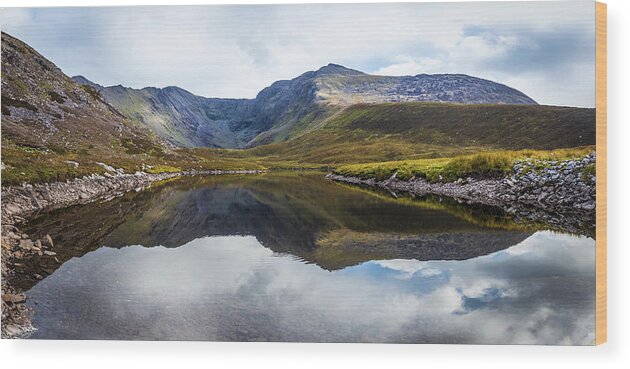 Black Wood Print featuring the photograph Reflection of the Macgillycuddy's Reeks in Lough Eagher by Semmick Photo