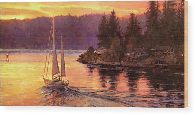 Sailing Wood Print featuring the painting Sailing on the Sound by Steve Henderson