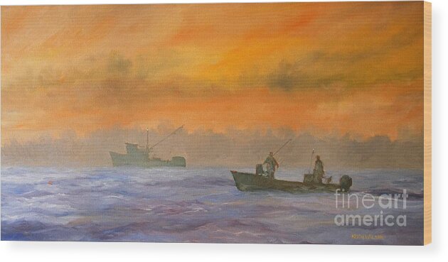 Sea Wood Print featuring the painting Shrimping Sunrise by Keith Wilkie