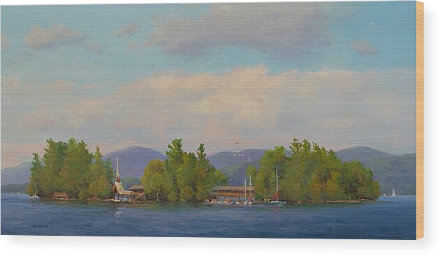 Lake George Wood Print featuring the painting Three Brothers Islands at Evening West side by Marianne Kuhn