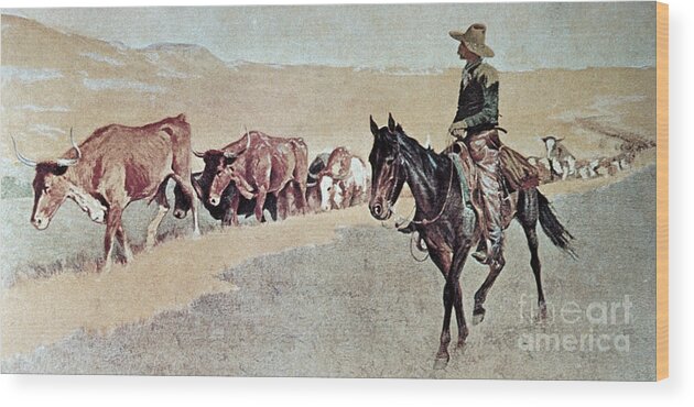 Trailing Texas Longhorns Wood Print featuring the painting Trailing Texas Longhorns by Frederic Remington