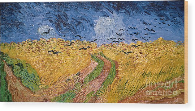 Landscape;post-impressionist; Summer; Wheat; Field; Birds; Threatening; Sky; Cloud; Post-impressionism Wood Print featuring the painting Wheatfield with Crows by Vincent van Gogh