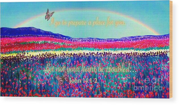 Christian Bereavement Or Sympathy Card Scripture John 14:1-2 Field Of Flowers Tulips Multi-colored With Smokey Blue Purple Mountains In Background Rainbow Overhead With Butterflies Flying Spiritual Or Religious Work Acrylic With Digital Effects Or Enhancement Wood Print featuring the painting Wishing You the Sunshine of Tomorrow Bereavement Card by Kimberlee Baxter