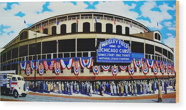 Chicago Wood Print featuring the painting Wrigley Field by T Kolendera