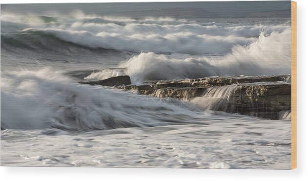 Seascape Wood Print featuring the photograph Rocky seashore with wavy ocean and waves crashing on the rocks #5 by Michalakis Ppalis