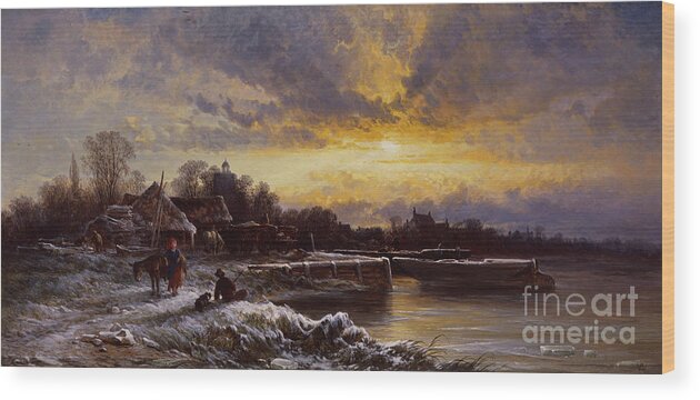 Sunset Wood Print featuring the painting A Winter Landscape, Evening By George Augustus Williams by George Augustus Williams