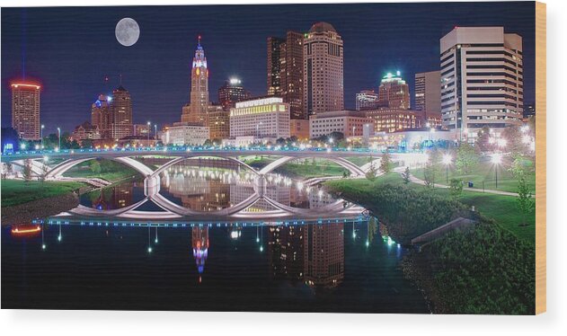 Columbus Wood Print featuring the photograph Columbus Ohio Full Moon Pano by Frozen in Time Fine Art Photography