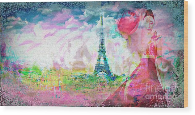 Abstract Wood Print featuring the mixed media Paris Rose City of Love by Ginette Callaway