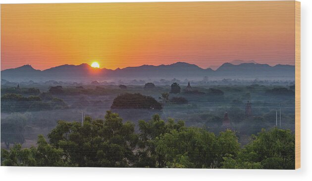 Sun Wood Print featuring the photograph sunrise landscape in Bagan, Myanmar by Ann Moore