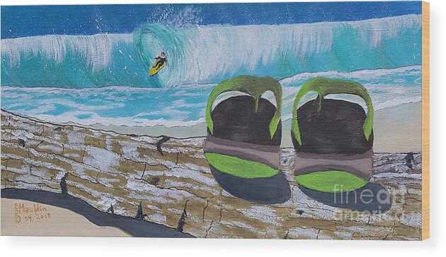 Surf's Up Wood Print featuring the painting Surf's Up, Sandals Down by Elizabeth Dale Mauldin