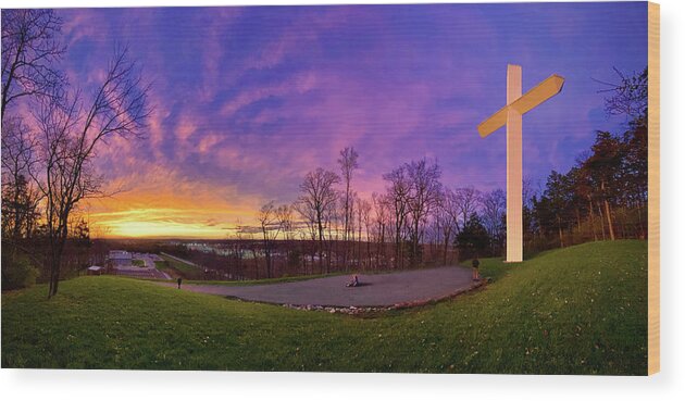 Cross Wood Print featuring the photograph Son Rise - Cross atop Prayer Mountain placed by River Community Church in Cookeville TN #1 by Peter Herman