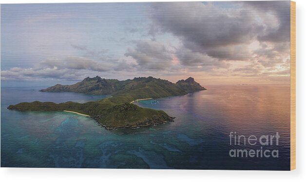 Asia Pacific Wood Print featuring the photograph Aerial panorama of the sunset over the Waya island in Fiji by Didier Marti