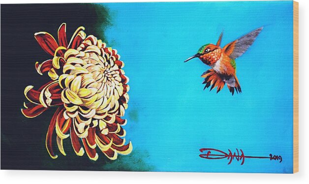 Birds Wood Print featuring the painting Allen's Hummingbird and Chrysanthemum by Dana Newman