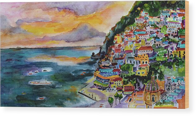 Paintings Of Italy Wood Print featuring the painting Amalfi Coast Positano Panorama by Ginette Callaway