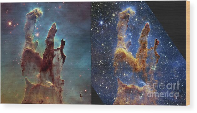 August Wood Print featuring the photograph Pillars of Creation, JWST and Hubble images by Science Photo Library