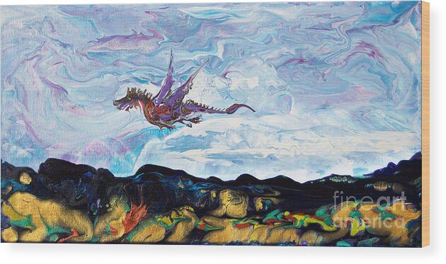 Dragon Fantasy Landscape Wood Print featuring the painting Dragon Breezin By7403 by Priscilla Batzell Expressionist Art Studio Gallery