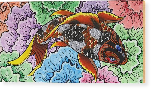 Koi Fish Wood Print featuring the painting Female Asagi Koi Fish by Bryon Stewart