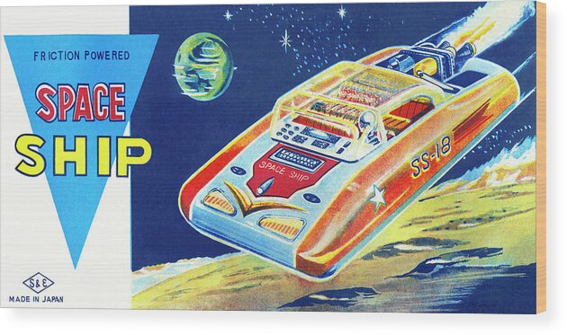 Vintage Toy Posters Wood Print featuring the drawing Friction Powered Space Ship SS-18 by Vintage Toy Posters