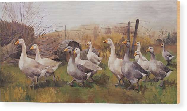 Geese Wood Print featuring the painting Geese on a Winter Day by Jordan Henderson