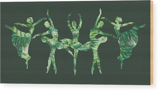 Ballerina Wood Print featuring the painting Gorgeous Move Of Moss Green Watercolor Ballerinas Silhouette by Irina Sztukowski
