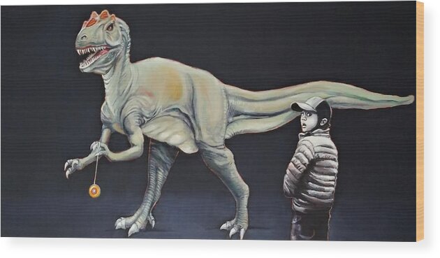 Dinosaur Wood Print featuring the painting How My Brother Lost His Yo-Yo by Jean Cormier