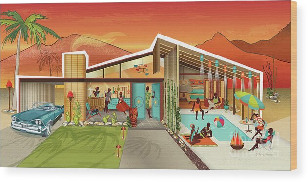 Mid Century Wood Print featuring the digital art Mid Century Modern House Tiki Party Sunset by Diane Dempsey