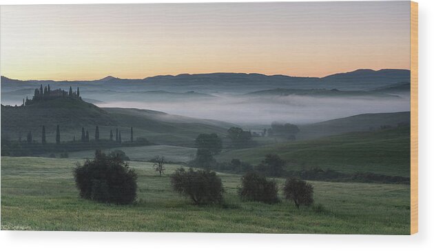Italy Wood Print featuring the photograph Mist over the Belvedere, Val D'Orcia, Tuscany, Italy by Sarah Howard