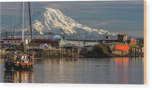 Mt. Mt Rainier Mountain Thea Foss Waterway Inlet Passage City Tacoma Industrial Piers Sailboat Boats Boating Maritime Puget Sound South Snow Evening Sun Sunny Warm Summer Wood Print featuring the photograph MT Rainier Over Foss Waterway by Rob Green