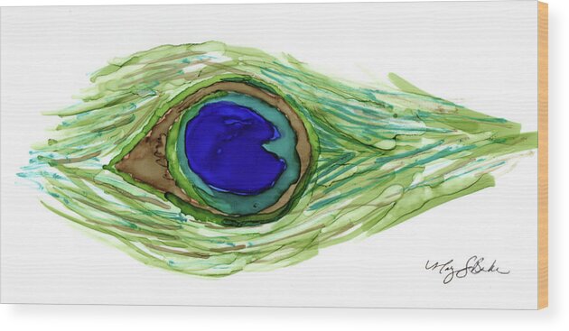 Alcohol Ink Wood Print featuring the painting Peacock Feather by Mary Benke