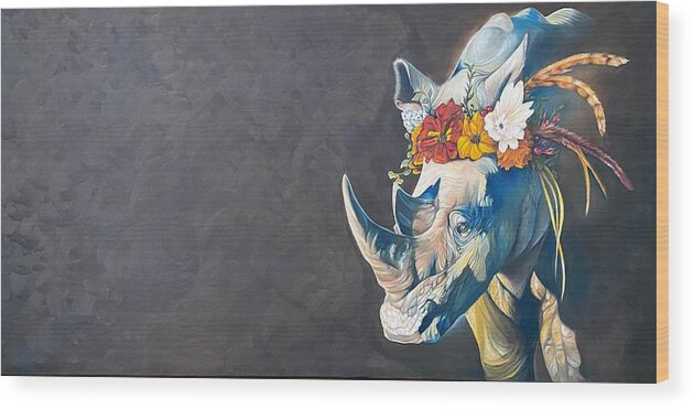 Rhinoceros Wood Print featuring the painting Rhino dreams by Sabrina Motta