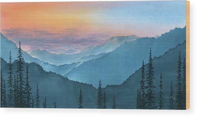 Olympic Wood Print featuring the painting Sunrise Peak at Sunset by Julie Senf