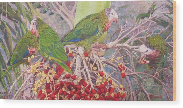 The Feast Wood Print featuring the painting The Feast - Abaco Parrots by Ritchie Eyma