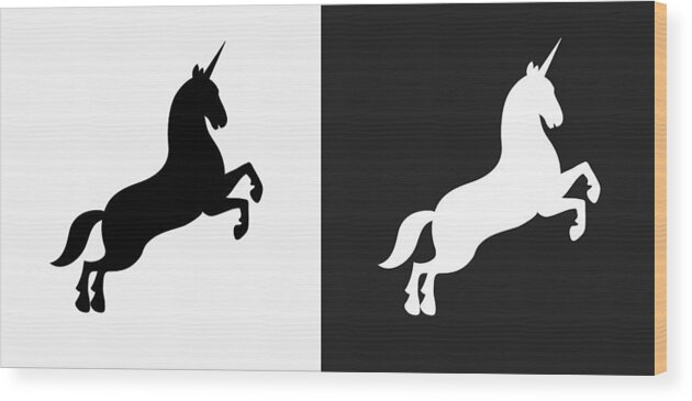 White Background Wood Print featuring the drawing Unicorn Icon on Black and White Vector Backgrounds by Bubaone
