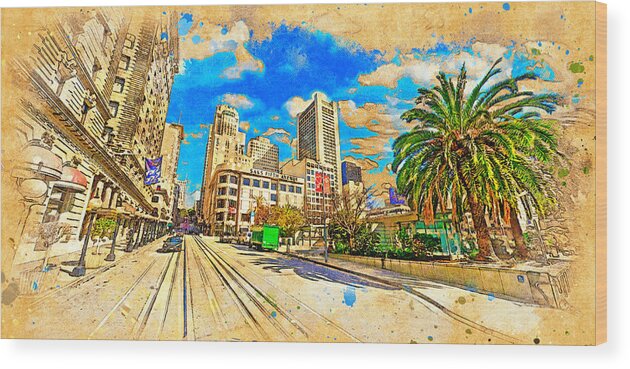 Union Square Wood Print featuring the digital art Union Square near Powell Street in San Francisco - digital painting by Nicko Prints