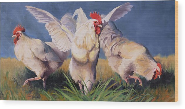 Roosters Wood Print featuring the painting White Roosters by Jordan Henderson