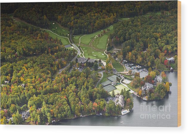Lake Toxaway Country Club Wood Print featuring the photograph Lake Toxaway Country Club Real Aerial Photo with Autumn Colors by David Oppenheimer