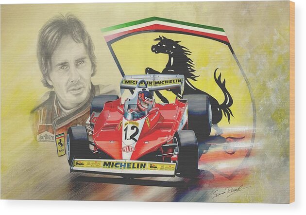 Ferrari Wood Print featuring the painting The Ferrari Legends - Gilles Villeneuve by Simon Read