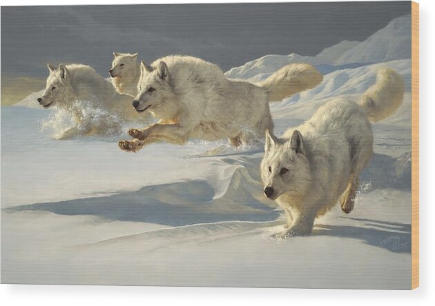 Wolf Wolf Pack Arctic Wolf Alpha Greg Beecham Wildlife Animal Painting Print Oil Painting Oil On Linen Wood Print featuring the painting The Chase by Greg Beecham