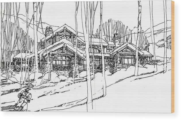 Skiing Between Aspens-simple Linework Wood Print featuring the drawing Morning Run by Andrew Drozdowicz
