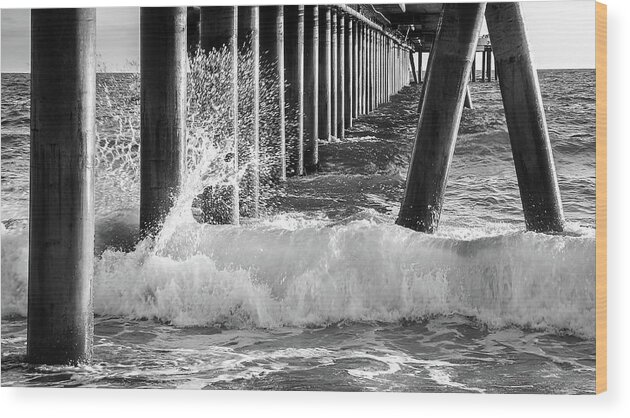 Abstract Wood Print featuring the photograph Wave Crashing On Pier Pillar by Mike Fusaro