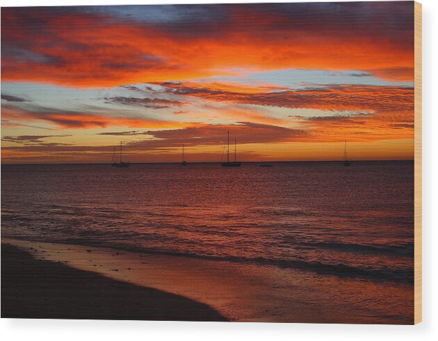 Dawn Wood Print featuring the photograph Sunrise with Sailboats by Robert McKinstry