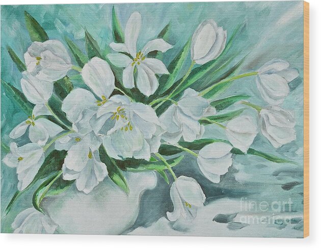 White Tulips Wood Print featuring the painting White Tulips by Virginia Ann Hemingson