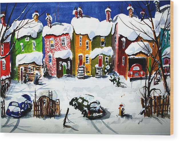 Houses Snow Row Houses Cityscapes Back Yards Wood Print featuring the painting It Snowed Again Last Night by Wilfred McOstrich