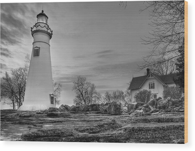 2x3 Wood Print featuring the photograph Marblehead Lighthouse and Lightkeeper House in Black and White by At Lands End Photography