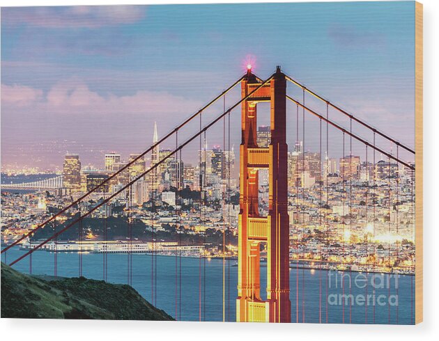 Golden Gate Bridge Wood Print featuring the photograph Golden Gate bridge at dusk, San Francisco, USA by Matteo Colombo