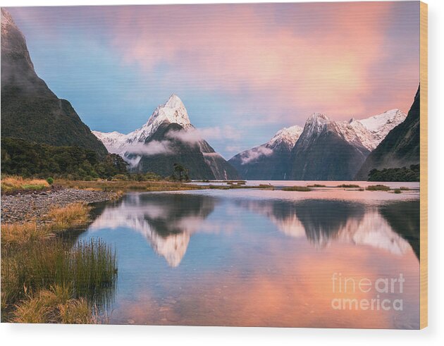 New Zealand Wood Print featuring the photograph Iconic view of Milford Sound at sunrise - New Zealand by Matteo Colombo