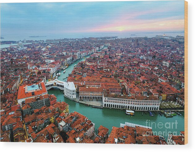 Venice Wood Print featuring the photograph Aerial of Rialto bridge at sunset, Venice by Matteo Colombo