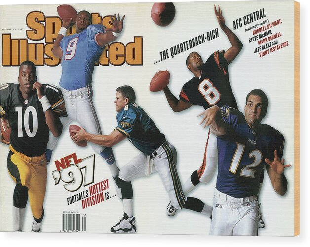 Season Wood Print featuring the photograph Afc Central Quarterbacks, 1997 Nfl Football Preview Issue Sports Illustrated Cover by Sports Illustrated